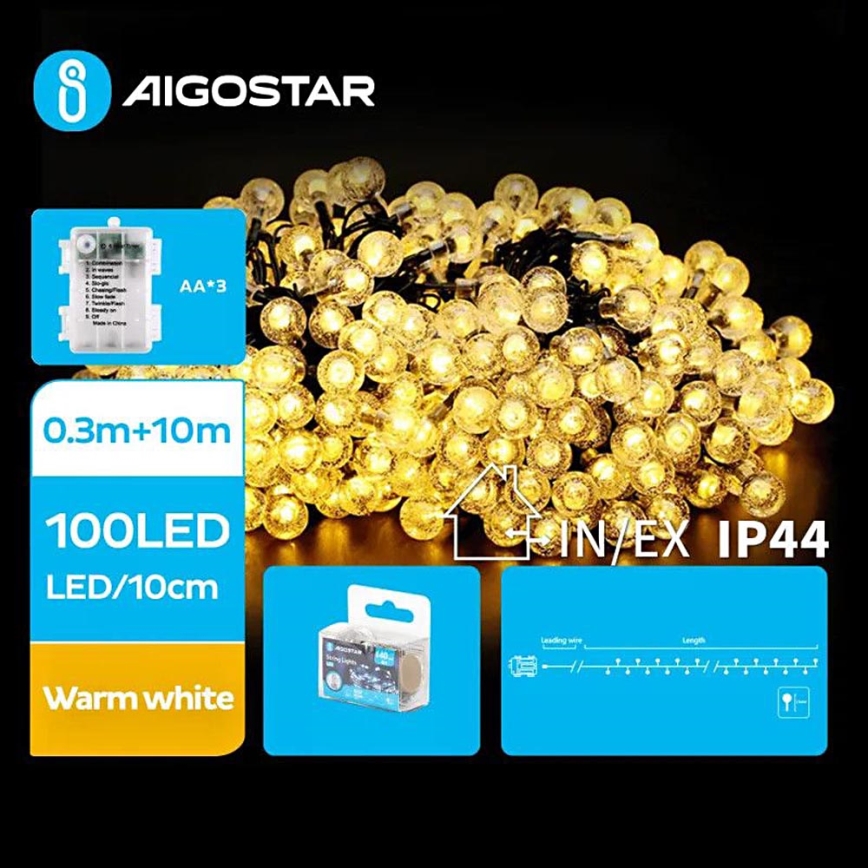 Aigostar - Светодиодная уличная рождественская гирлянда 100xLED/3xAA/8 функций 10,3 м IP44 теплый белый