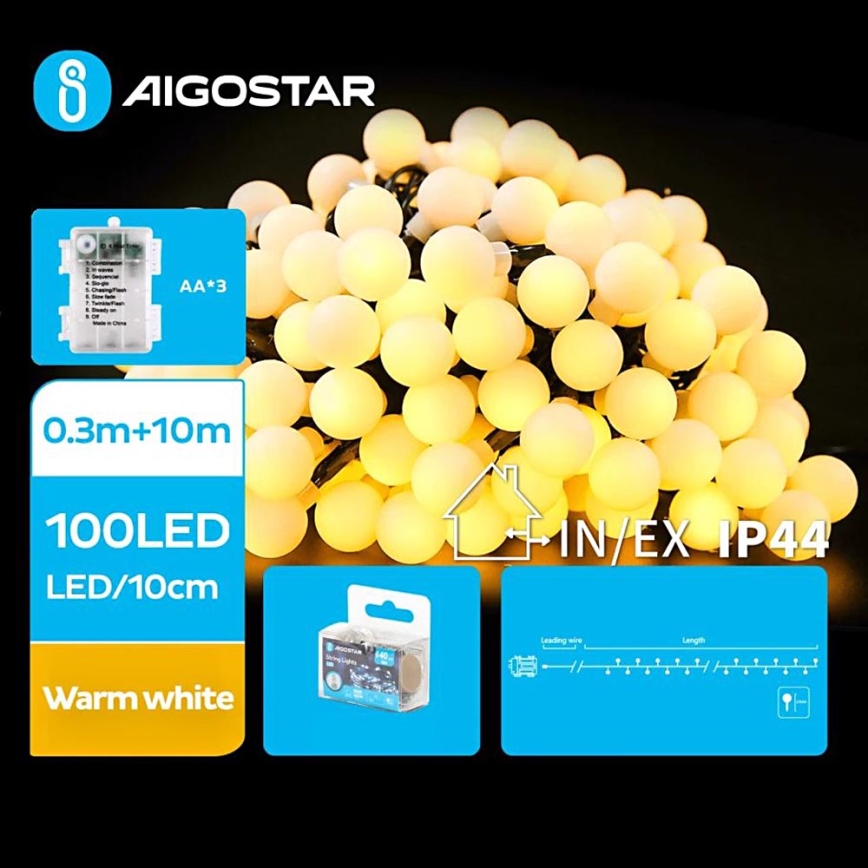 Aigostar - Светодиодная уличная рождественская гирлянда 100xLED/3xAA/8 функций 10,3 м IP44 теплый белый