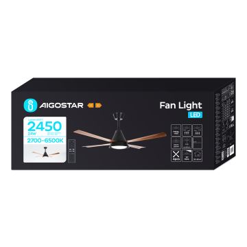 Aigostar - Светодиодный потолочный вентилятор с регулированием яркости LED/24W/230V 2700-6500K 132 см + дистанционное управление