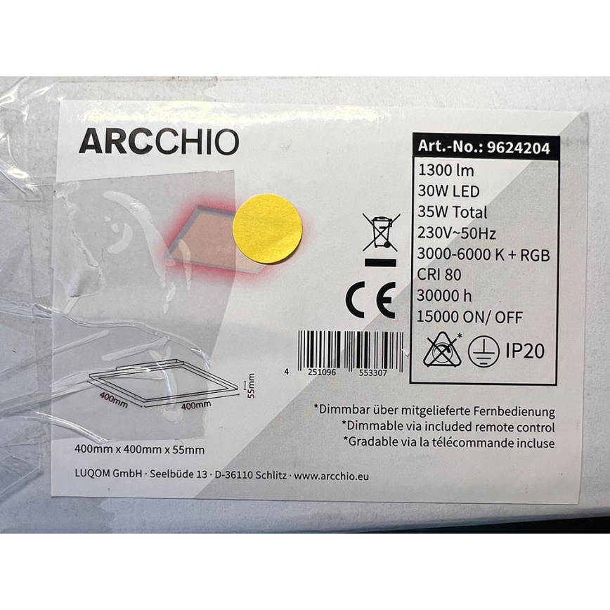 Arcchio - Стельовий RGBW-світильник з регулюванням яскравості BRENDA LED/30W/230V + пульт дистанційного керування