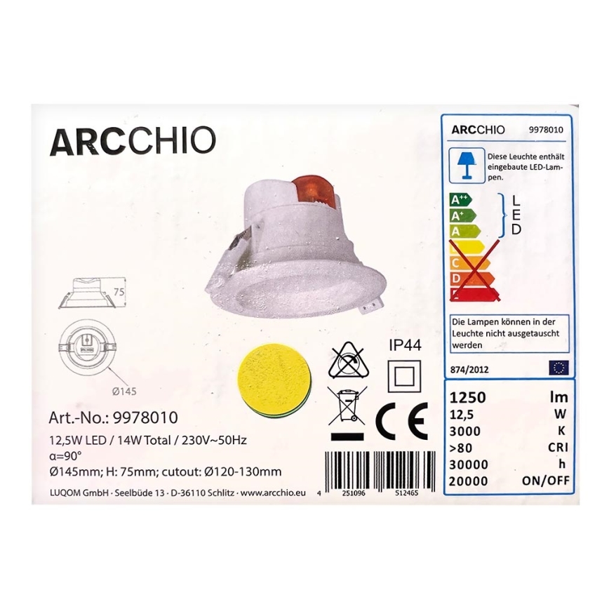 Arcchio - Вбудований стельовий LED світильник для ванної ARIAN LED/12,5W/230V IP44