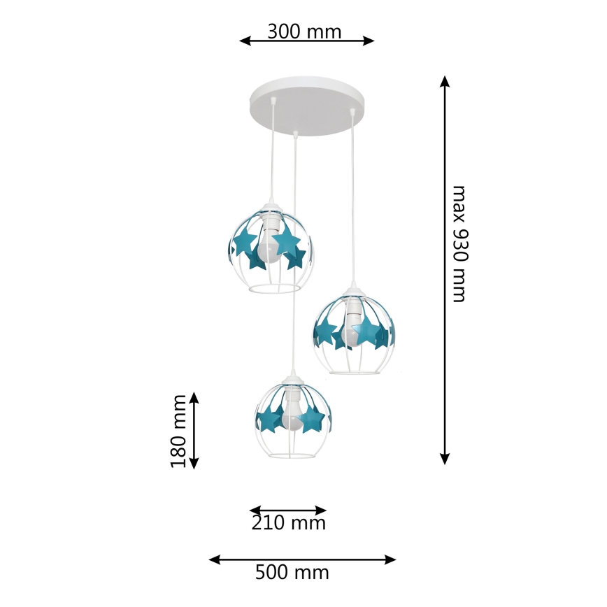Детская подвесная люстра STARS 3xE27/15W/230V бирюзовый/белый