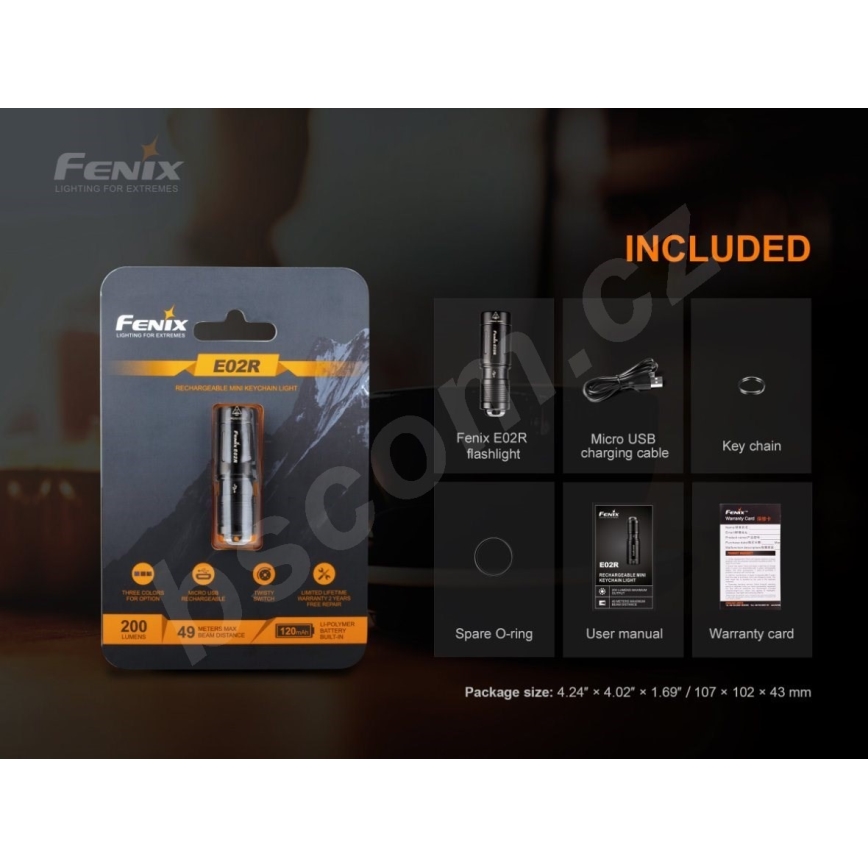 Fenix E02RBLC - Світлодіодний акумуляторний ліхтарик LED/USB IP68 200 лм 6,5 г