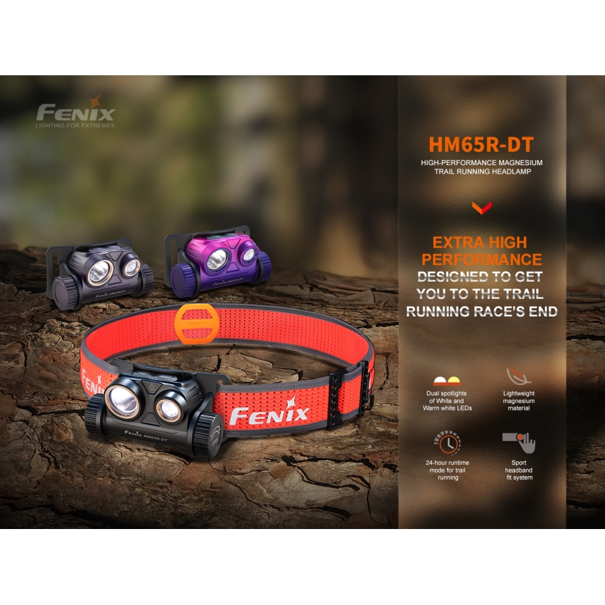 Fenix HM65RDTPRP - Светодиодный аккумуляторный налобный фонарик LED/USB IP68 1500 лм 300 ч фиолетовый/черный