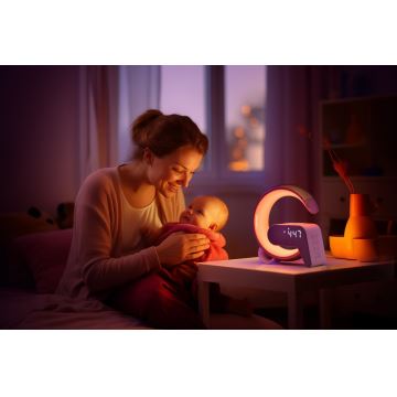 LED RGB Настільна лампа з регулюванням яскравості з будильником і Qi зарядкою 30W/230V срібний