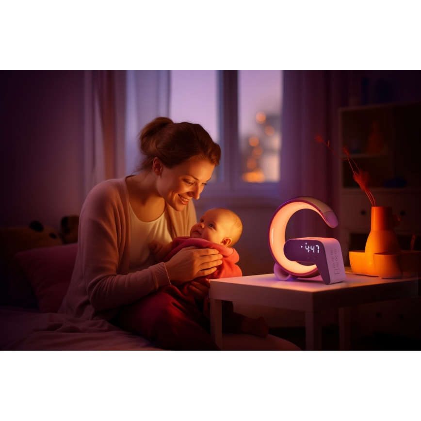 LED RGB Настільна лампа з регулюванням яскравості з будильником і Qi зарядкою 30W/230V срібний