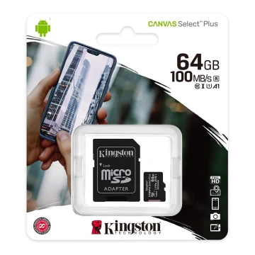 Kingston - Карта пам'яті MicroSDXC 64Гб Canvas Select Plus U1 100Мб/с + SD-адаптер