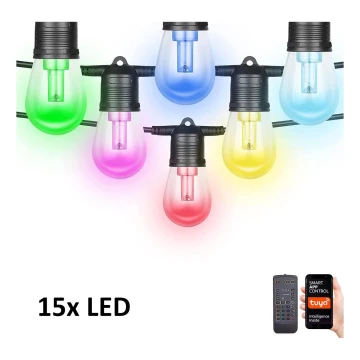 LED RGB+CCT вулична гірлянда з регулюванням яскравості ГІРЛЯНДА 15xLED/1W/230V 15 м Wi-Fi Tuya IP65 + пульт дистанційного керування