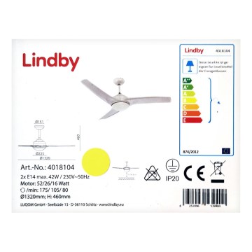 Lindby - Потолочный вентилятор EMANUEL 2xE14/42W/230V + дистанционное управление