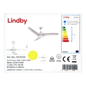 Lindby - Стельовий вентилятор EMANUEL 2xE14/42W/230V + дистанційне керування