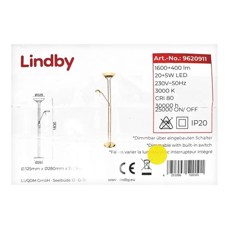 Lindby - Світлодіодний торшер з регулюванням яскравості YVETA LED/20W/230V + LED/5W/230V