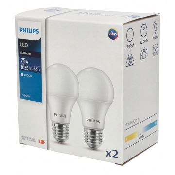 НАБОР 2x Светодиодная лампочка Philips A60 E27/10W/230V 4000K