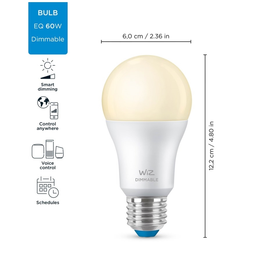 НАБОР 2x Светодиодная лампочка с регулированием яркости A60 E27/8W/230V 2700K CRI 90 Wi-Fi - WiZ