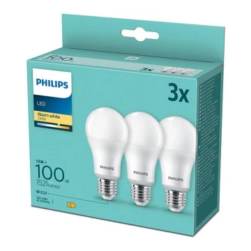 НАБОР 3x Светодиодная лампочка Philips A60 E27/13W/230V 2700K