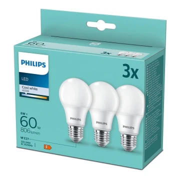 НАБІР 3x LED Лампочка Philips A60 E27/8W/230V 4000K
