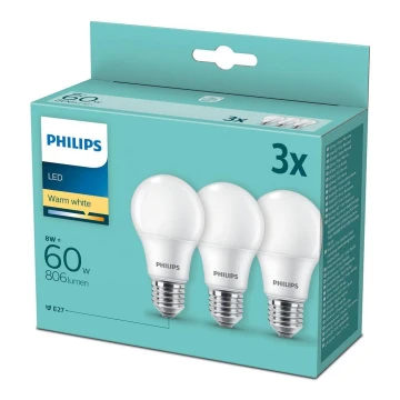 НАБІР 3x Світлодіодна лампочка Philips A60 E27/8W/230V 2700K