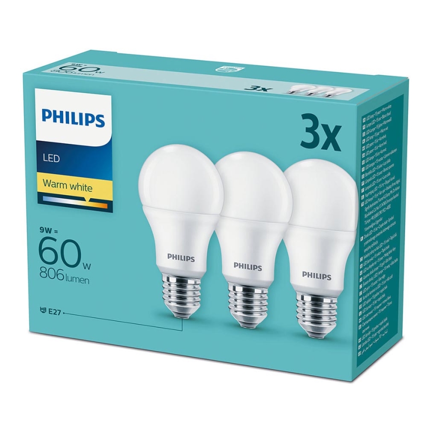 НАБІР 3x Світлодіодна лампочка Philips E27/9W/230V 2700K