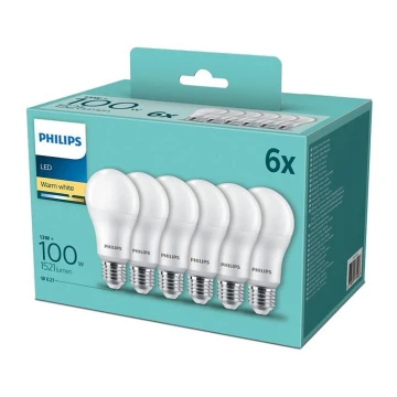 НАБІР 6x LED Лампочка Philips A60 E27/13W/230V 2700K