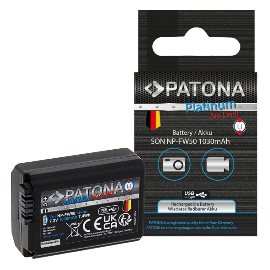 PATONA - Аккумулятор Sony NP-FW50 1030mAh Li-Ion Platinum USB-C зарядка