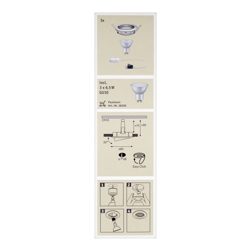 Paulmann 92102 - НАБІР 3xLED-GU10/6,5W Вбудований світильник 230V