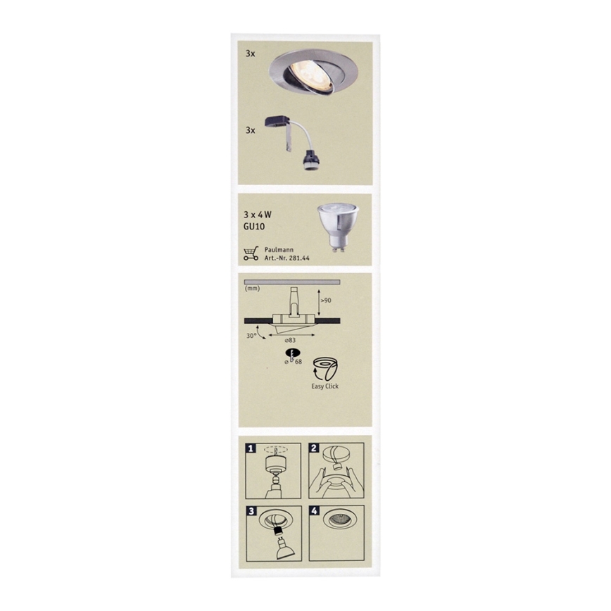 Paulmann 92533 - КОМПЛЕКТ 3x встраиваемых светильника для подвесного потолка PREMIUM LINE 230V LED-GU10/4W