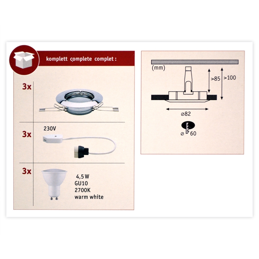 Paulmann 93657 - Набор 3x встраиваемых светильника 230V LED/GU10/4,5W