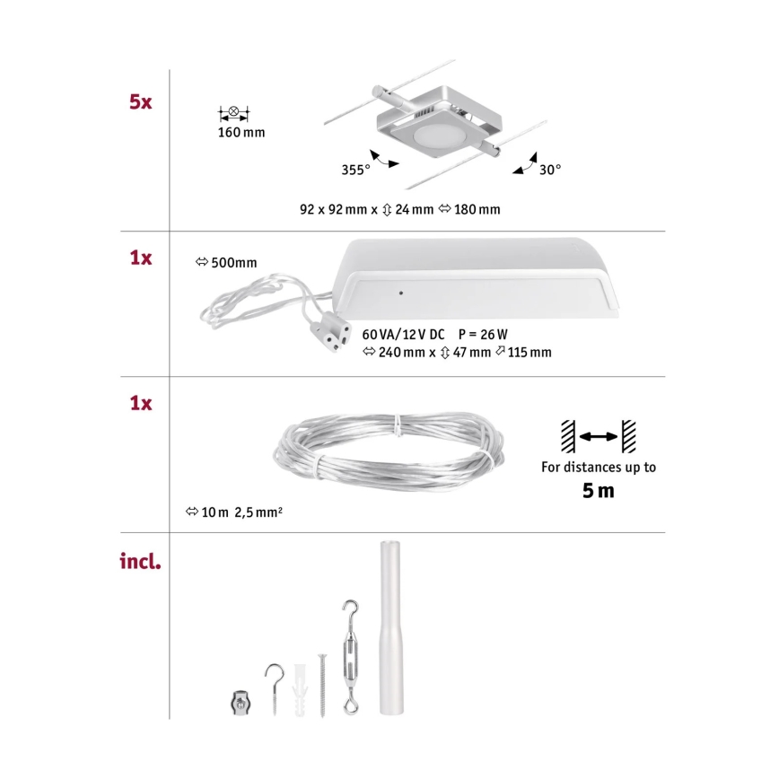 Paulmann 94420 - НАБОР 5xLED/4,5W Точечный светильник для трековой системы MAC 230V матовый хром