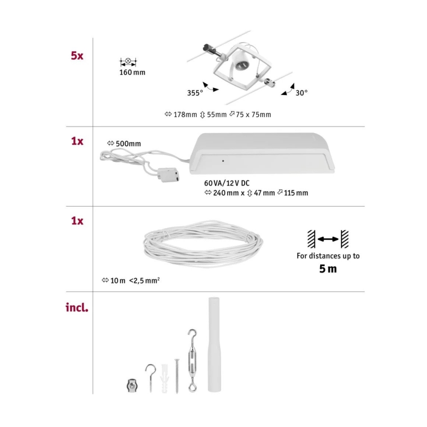 Paulmann 94432 - НАБОР 5xGU5,3/10W Точечный светильник для трековой системы MAC 230V белый