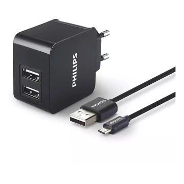 Philips DLP2307U/12 - Зарядний адаптер 2xUSB/15,5W/230V + кабель micro USB 1м