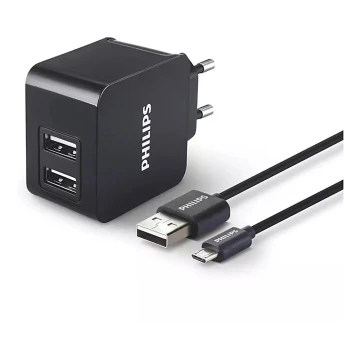 Philips DLP2307U/12 - Зарядный адаптер 2xUSB/15,5W/230V + кабель micro USB 1м