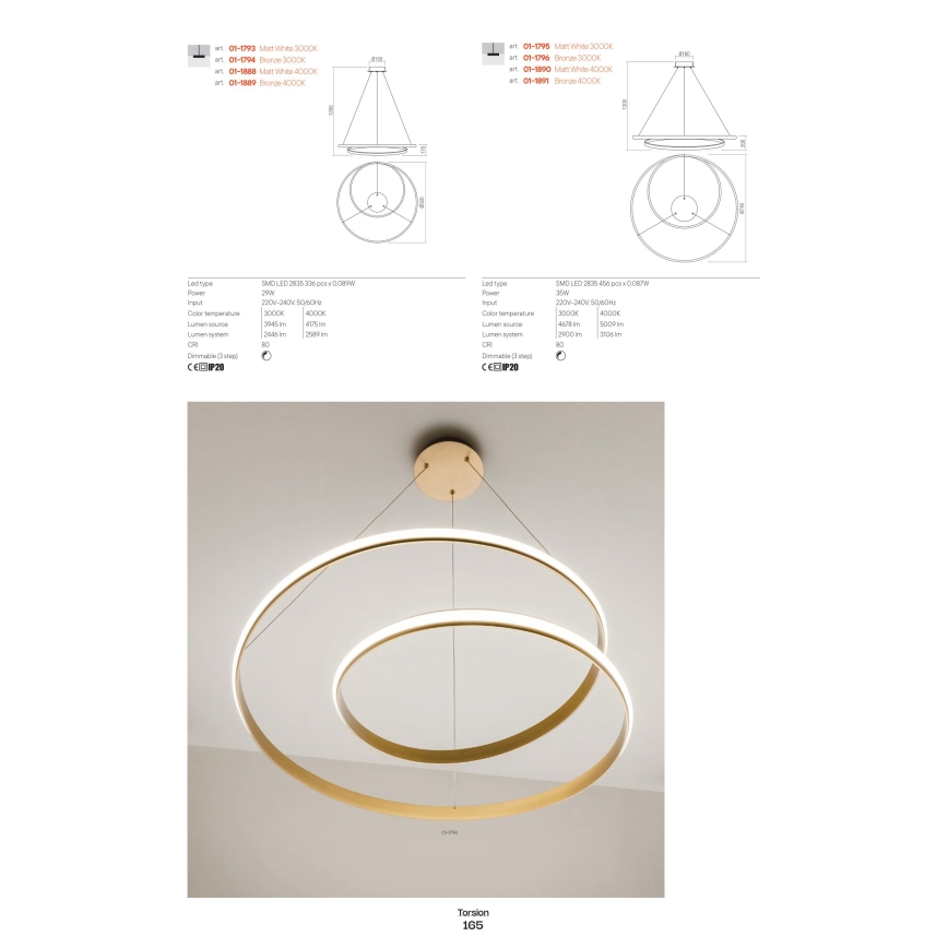 Redo 01-1794 - Светодиодная подвесная люстра с регулированием яркости TORSION LED/29W/230V диаметр 55 см бронзовый