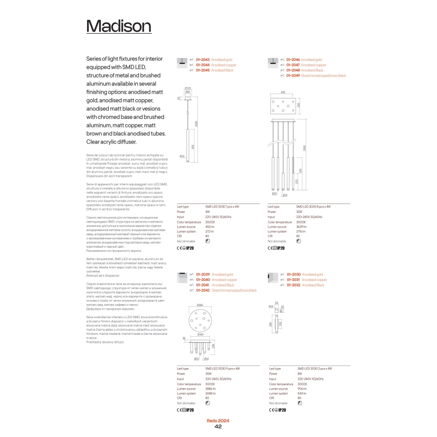 Redo 01-2046 - Светодиодная подвесная люстра MADISON 8xLED/4W/230V золотистый