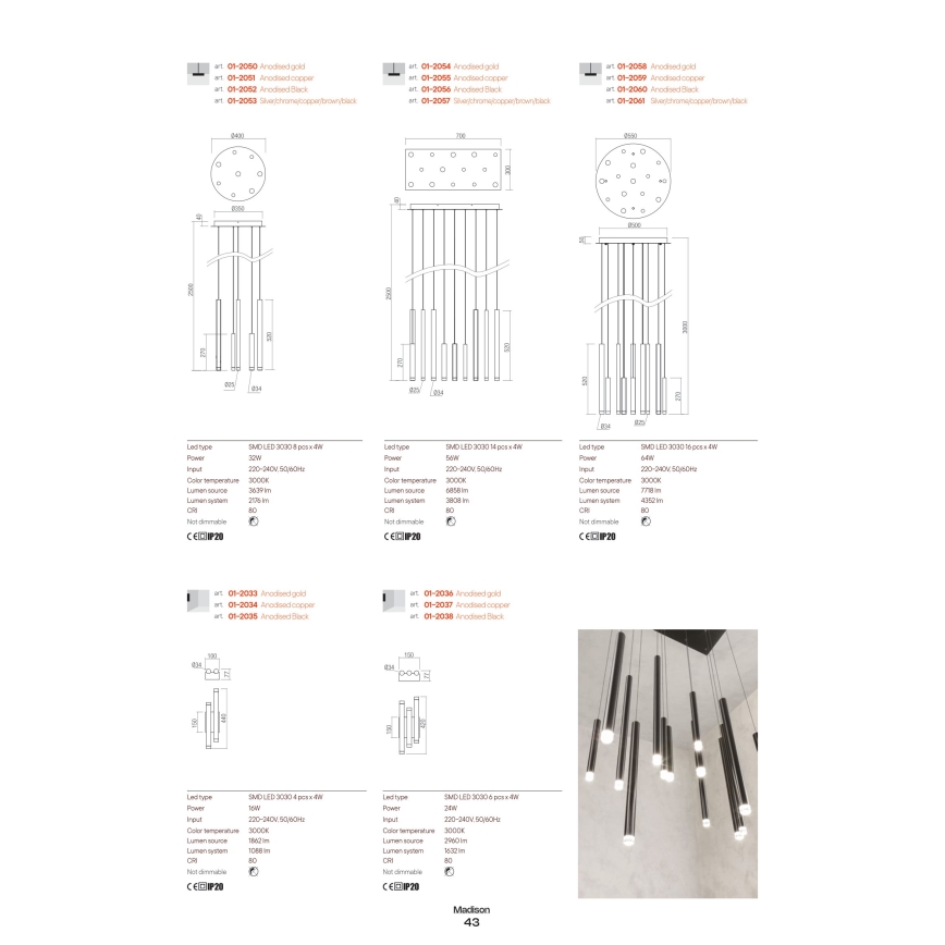 Redo 01-2061 - Светодиодная подвесная люстра MADISON 16xLED/4W/230V блестящий хром/черный/медный