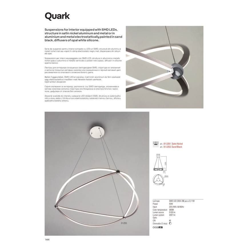 Redo 01-2254 - Светодиодная подвесная люстра с регулированием яркости QUARK LED/54W/230V 3000K диаметр 80 см черный