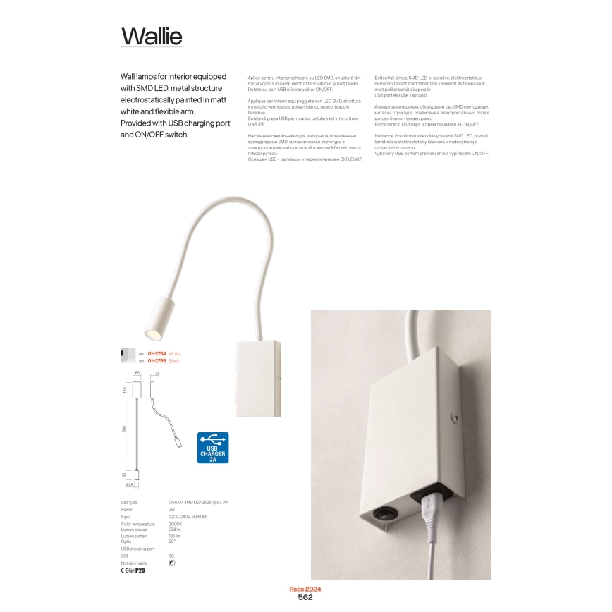 Redo 01-2754 - Светодиодная гибкая настенная лампа WALLIE LED/3W/230V USB CRI 90 белый