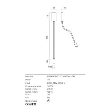 Redo 01-2754 - Светодиодная гибкая настенная лампа WALLIE LED/3W/230V USB CRI 90 белый