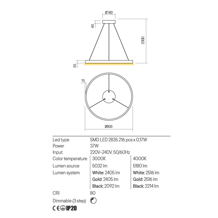 Redo 01-2865 - Светодиодная подвесная люстра с регулированием яркости FEBE LED/37W/230V золотистый