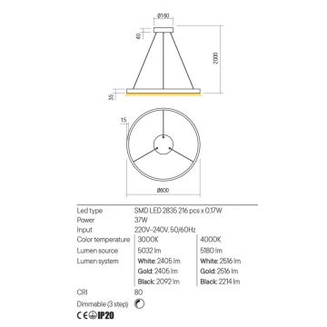 Redo 01-2865 - Світлодіодна підвісна люстра з регулюванням яскравості FEBE LED/37W/230V золотий