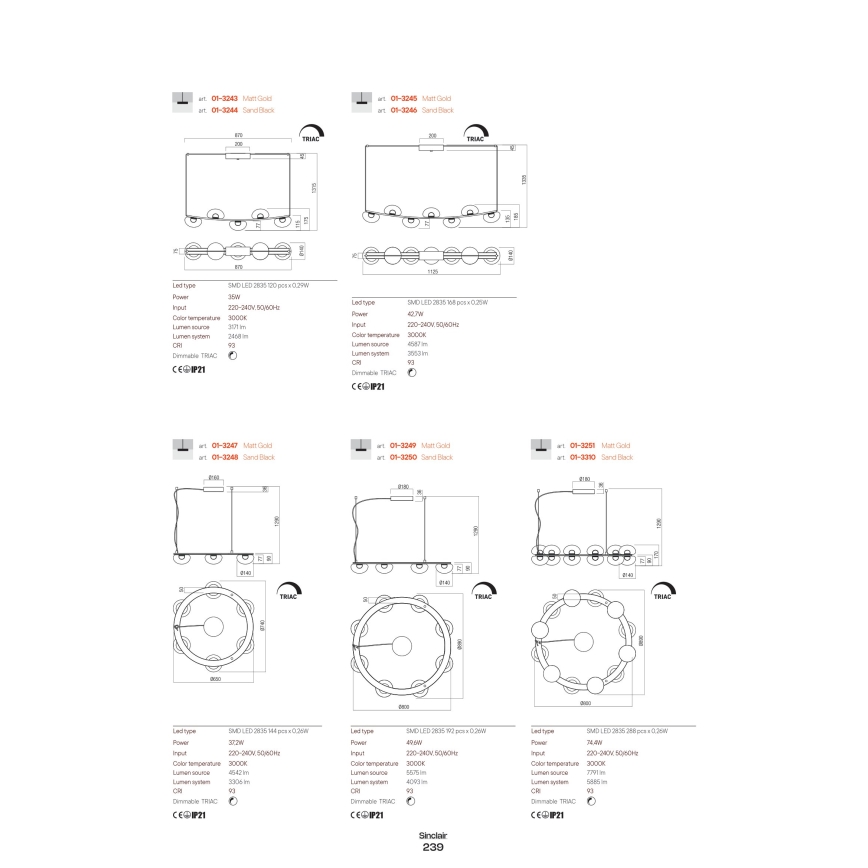 Redo 01-3247 - Светодиодная подвесная люстра с регулированием яркости SINCLAIR LED/37,2W/230V CRI 93 IP21 золотистый