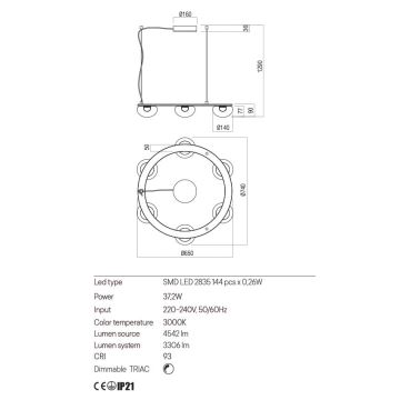 Redo 01-3247 - Светодиодная подвесная люстра с регулированием яркости SINCLAIR LED/37,2W/230V CRI 93 IP21 золотистый