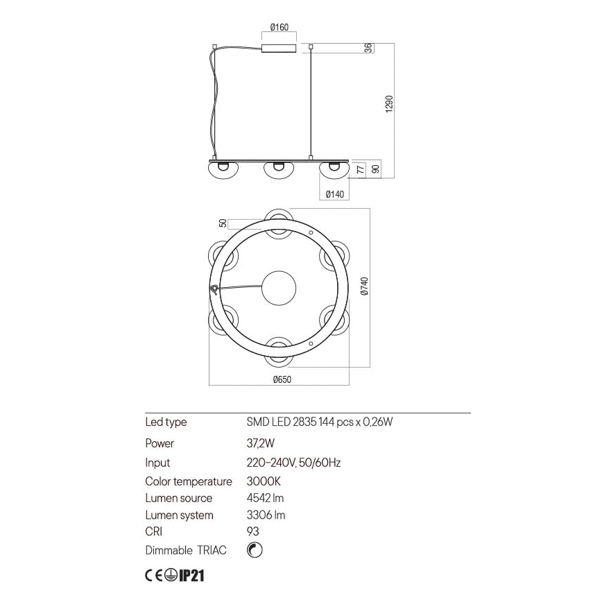 Redo 01-3247 - Светодиодная подвесная люстра с регулированием яркости SINCLAIR LED/37,2W/230V CRI 93 IP21 золотистый