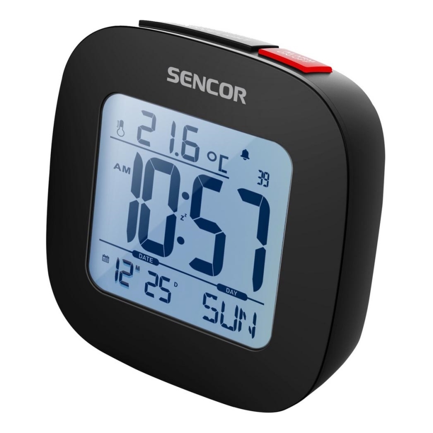 Sencor - Будильник з РК-дисплей та термометром 2xAAA чорний