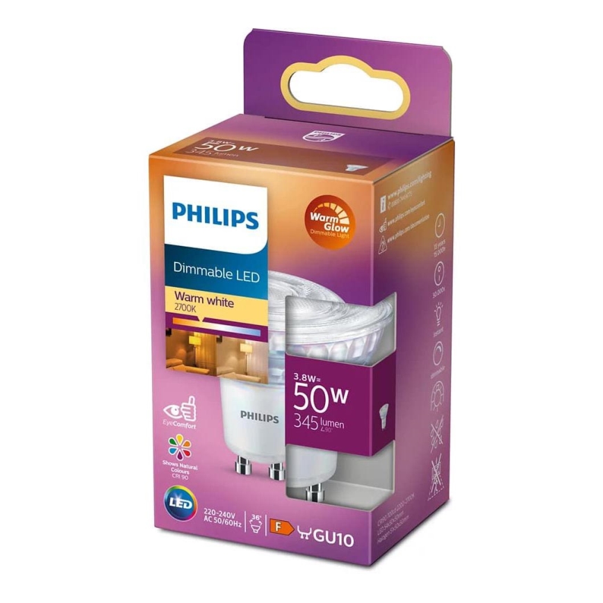 Светодиодная лампочка с регулированием яркости Philips Warm Glow GU10/3,8W/230V 2200-2700K CRI90