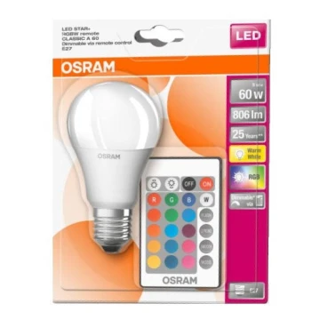 Светодиодная RGB-лампочка с регулированием яркости STAR+ A60 E27/9W/230V 2700K - Osram
