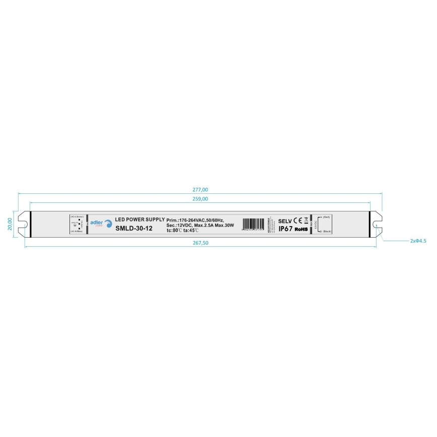 Светодиодный электрический трансформатор DRIVER 30W/230V/12V IP67