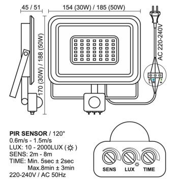 Светодиодный уличный прожектор с датчиком LED/50W/230V 4000K IP44 черный