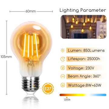 Світлодіодна лампочка A60 E27/8W/230V 2200K - Aigostar