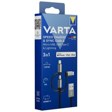 Varta 57937101111 - USB-кабель 3в1 з роз'ємом Lightning і Micro USB 2 м