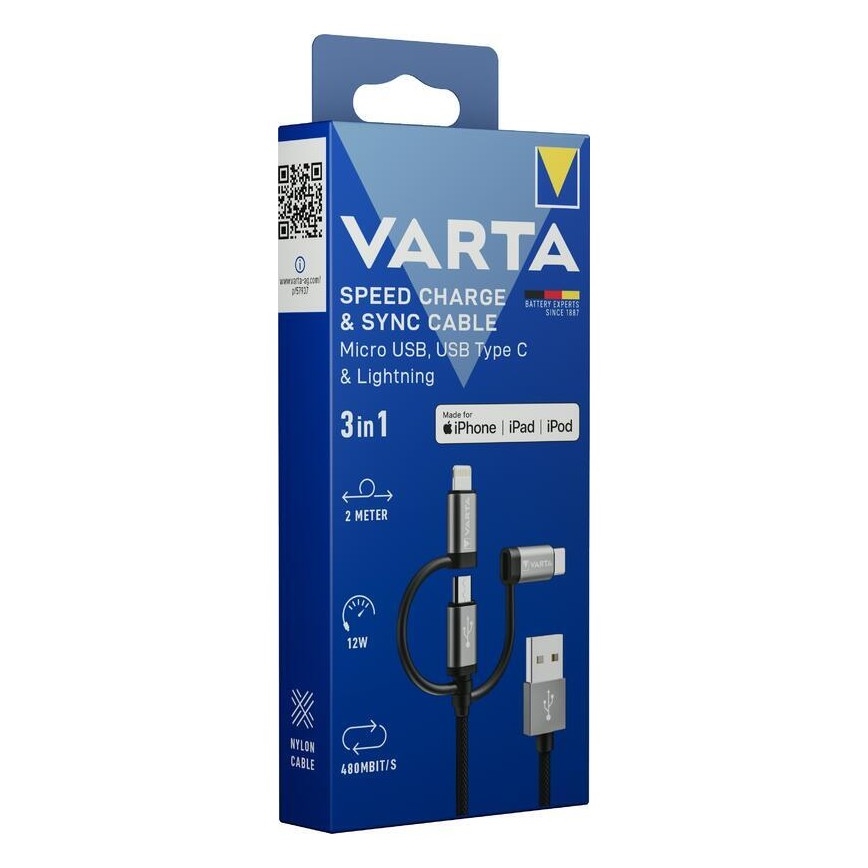 Varta 57937101111 - USB-кабель 3в1 з роз'ємом Lightning і Micro USB 2 м