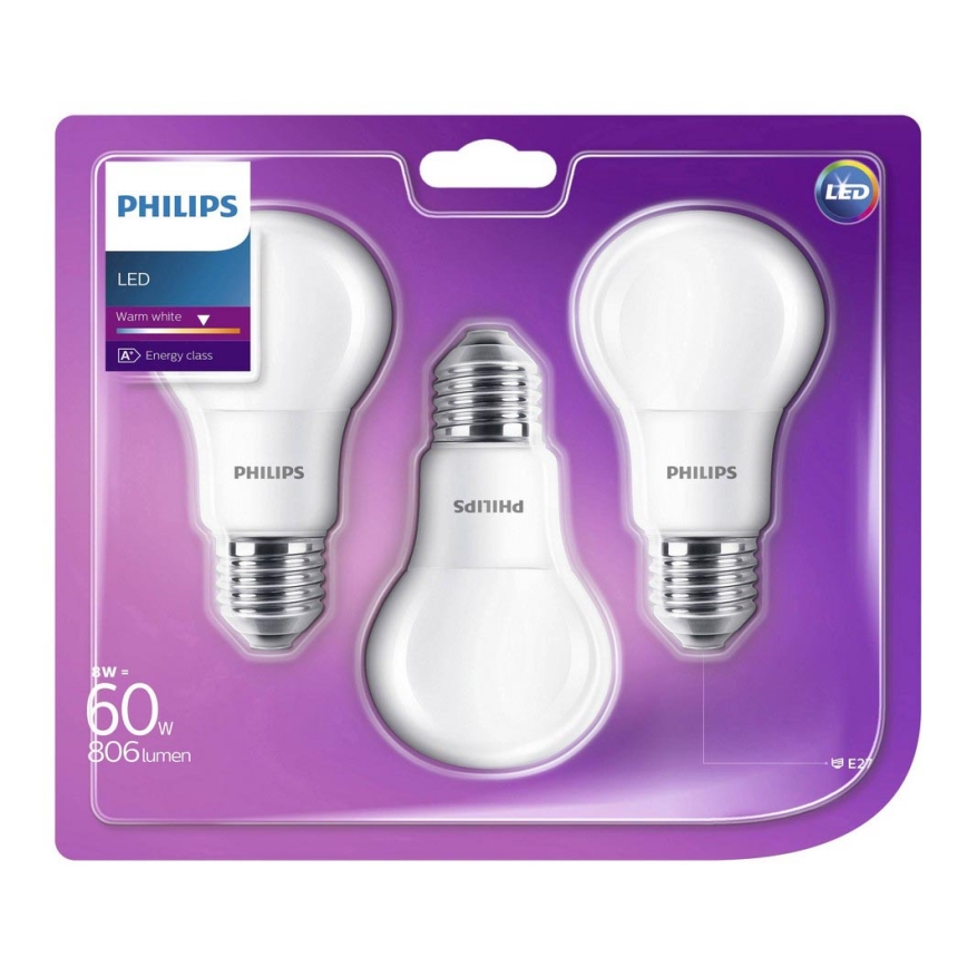 КОМПЛЕКТ 3x LED Лампочка Philips E27/8W/230V 2700K